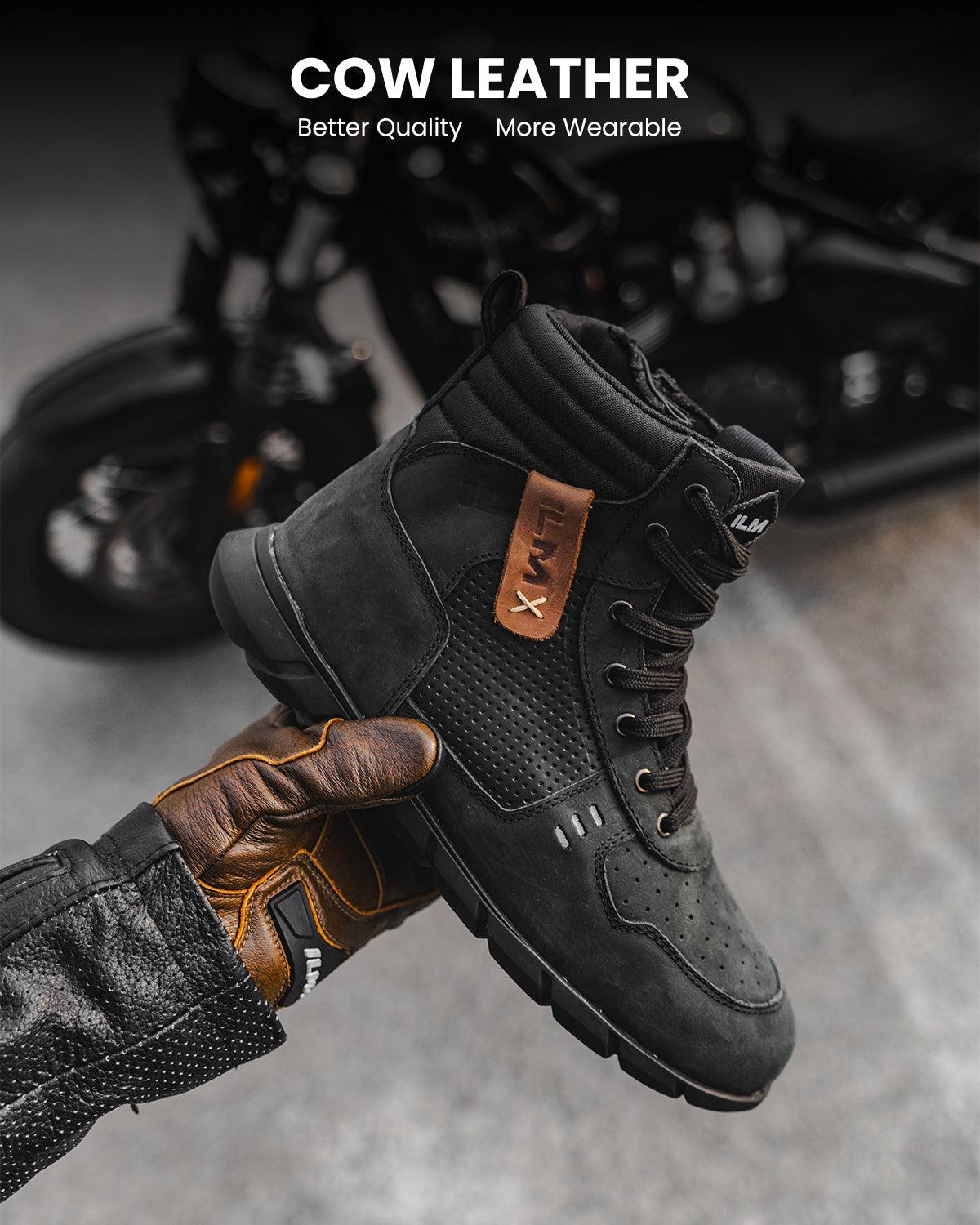 ILM Motorcycle Leather Shoes for Men Waterproof Anti-Slip with Ankle Support Model UB305