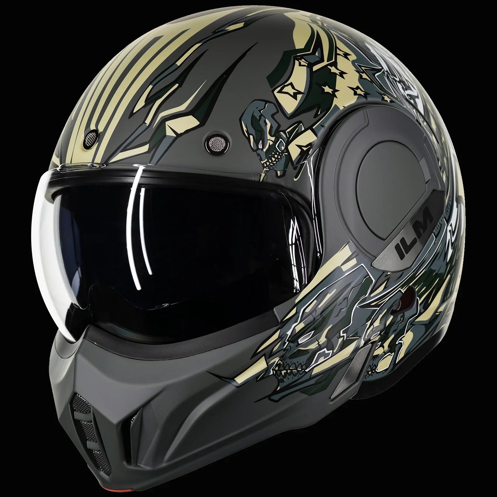 ILM Vintage Full Face Modular Motorcycle Helmet Model B707 Army Green / Medium ILM Vintage Full Face Modular Motorcycle Helmet Model B707 Army Green / Medium