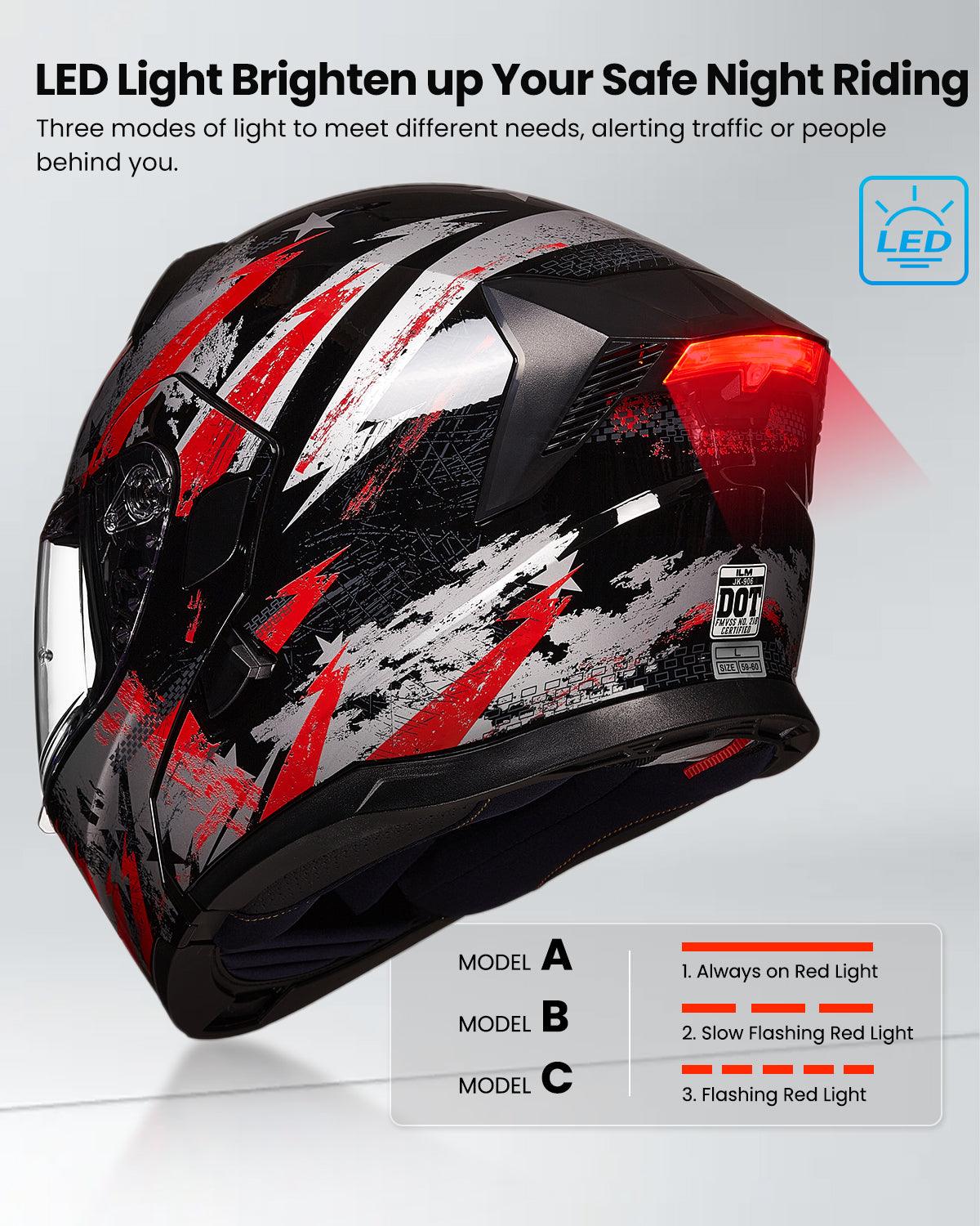 bike helmet w led assorted colors ILM Motorcycle Modular Full Face Helmet LED Tail Light Model 906L Lightning / Medium