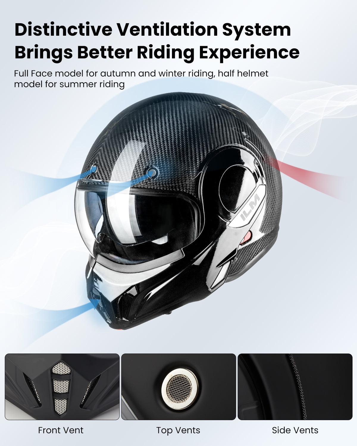 ILM Carbon Fiber Vintage Full Face Modular Motorcycle Helmet Model B707C Matte Black / Medium
