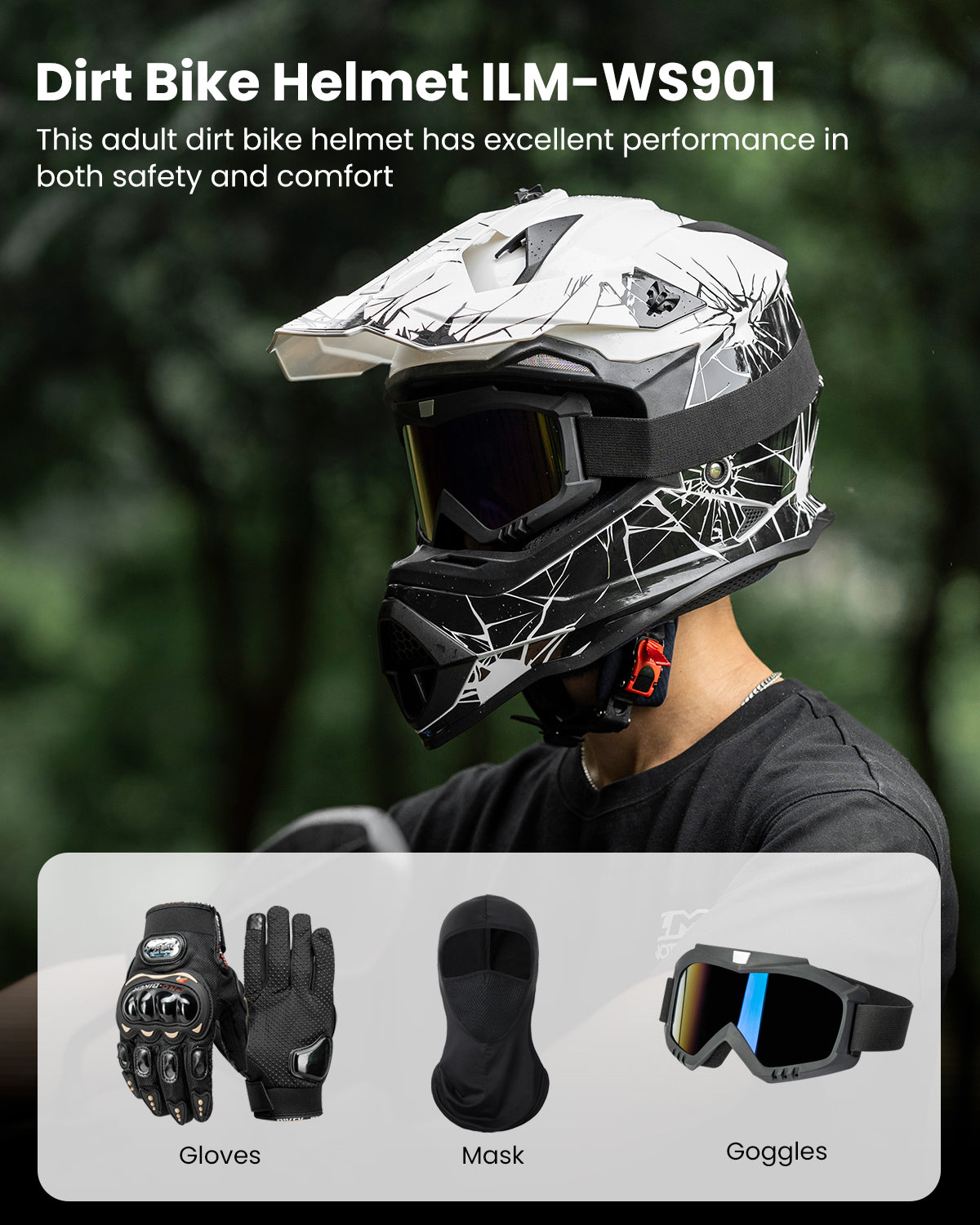 ILM Adult Dirt Bike Helmets Motocross ATV Off Road Helmet with Goggles Gloves Mask DOT Model WS901