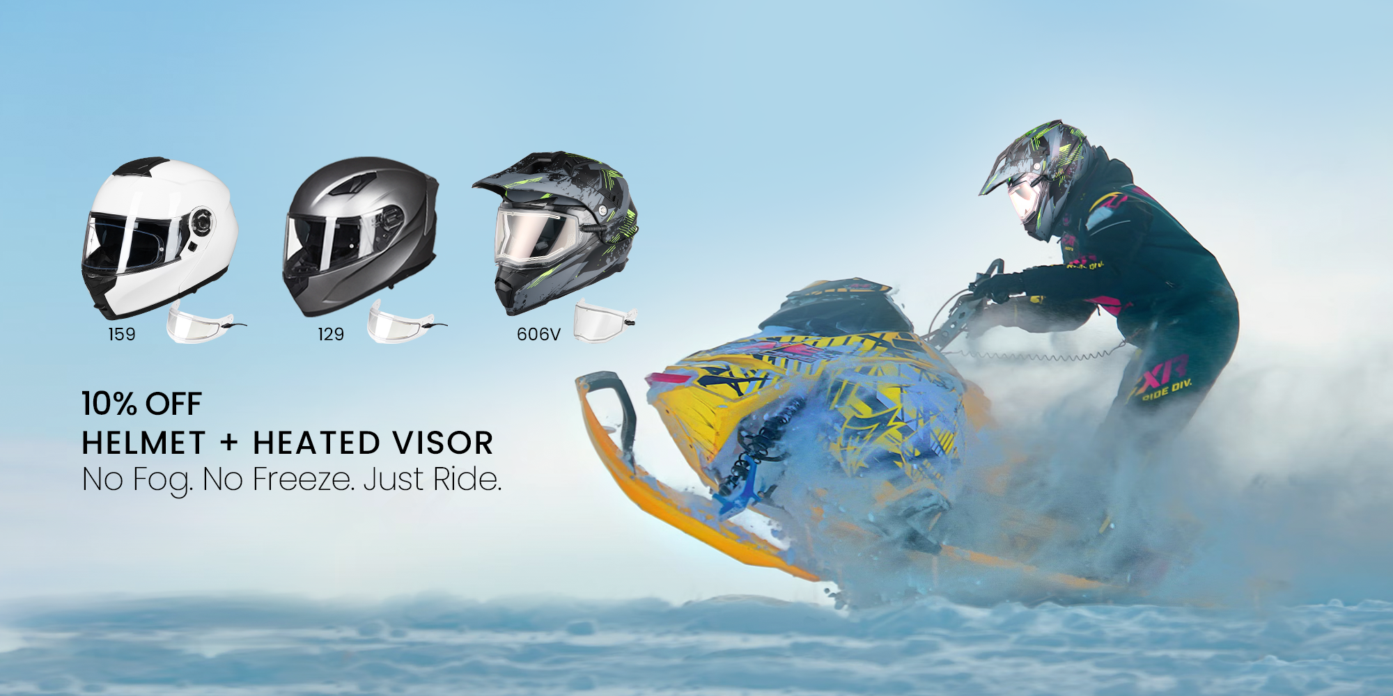 Snowmobile rider wearing a heated visor motorcycle helmet riding in snowy conditions, showcasing anti-fog and anti-freeze helmet performance with full-face and off-road helmet models for winter riding