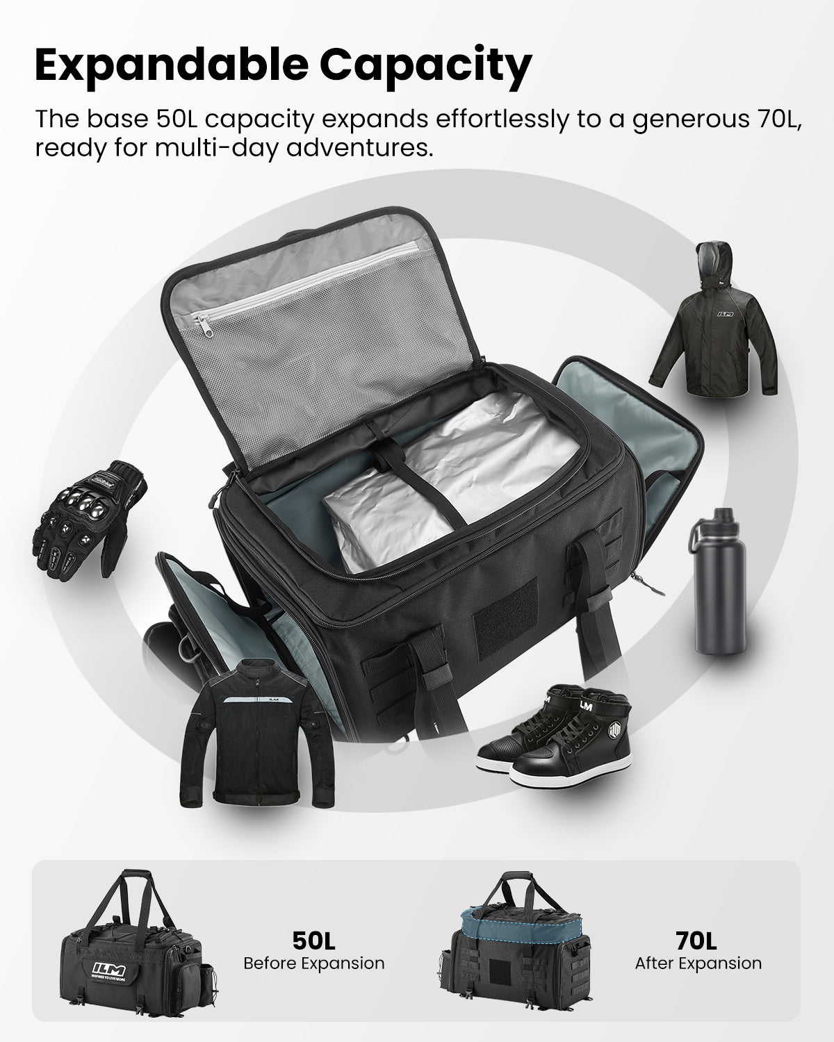 ILM Motorcycle Tail Bag 50-70L Travel Luggage Motorbike Rear Rack Trunk Shoulder Backpack with Rain Cover Model BL02