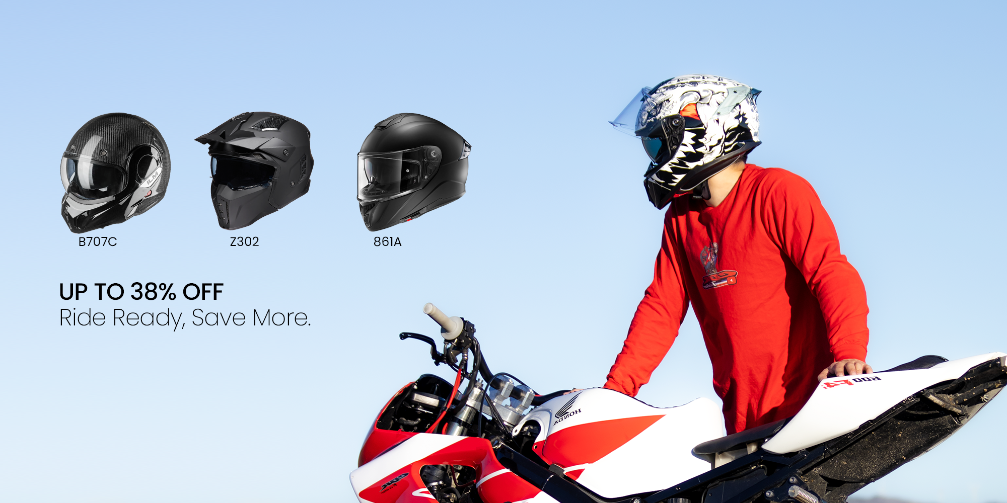 Street motorcycle rider wearing a full-face helmet beside a sport bike, featuring multiple motorcycle helmet models on sale, designed for daily riding, comfort, and road safety