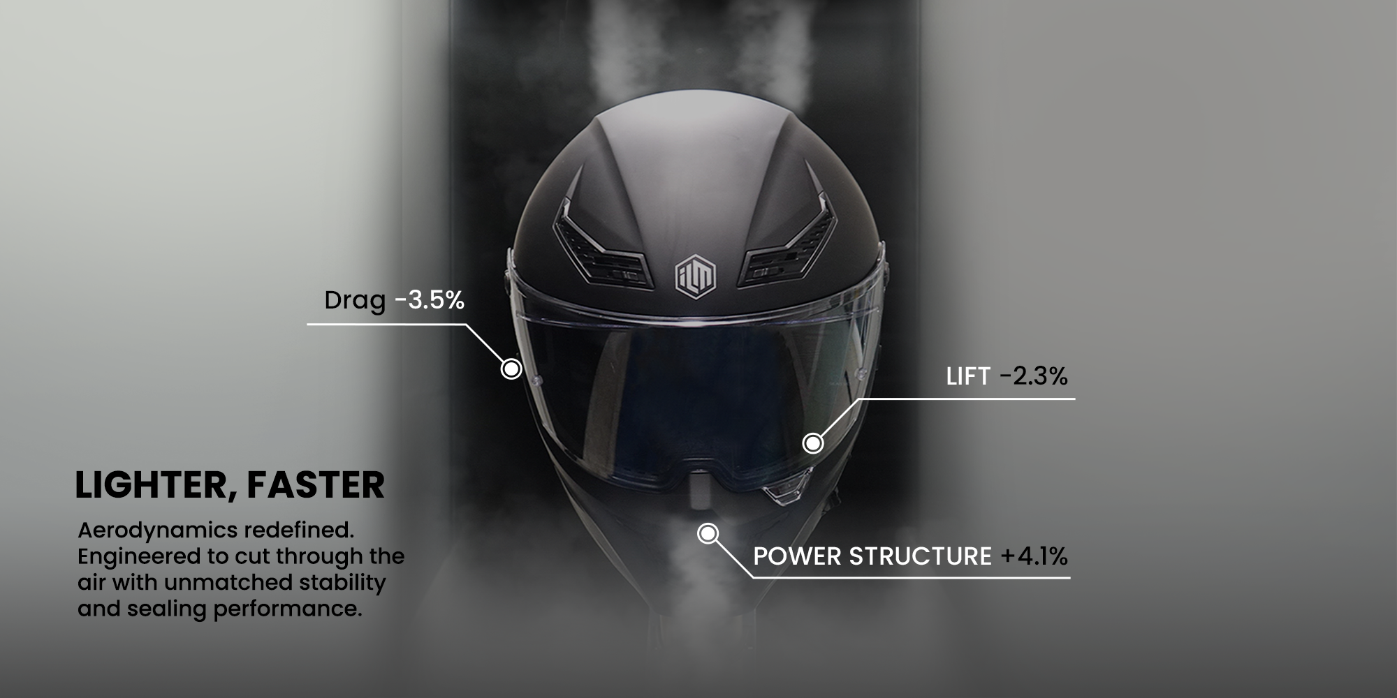 LIGHTER, FASTER 
Aerodynamics redefined.Engineered to cut through theair with unmatched stabilityand sealing performance.