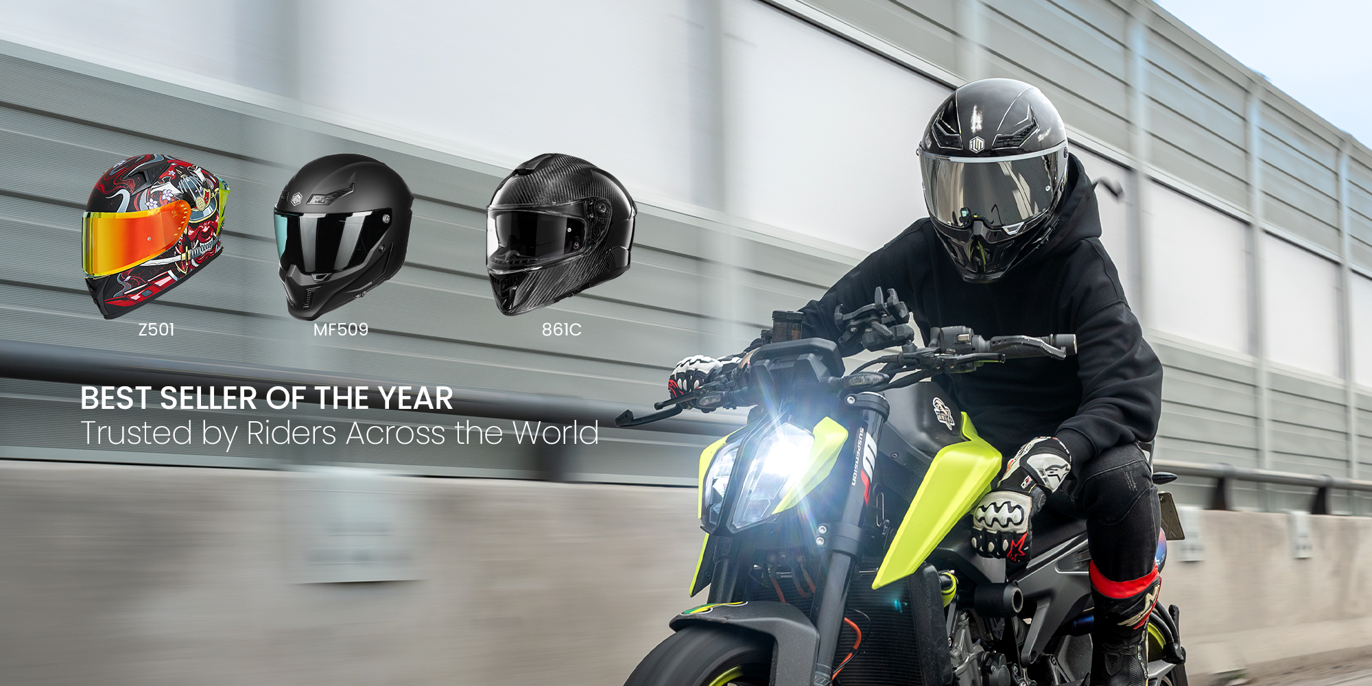 Urban motorcycle rider wearing a full-face helmet while riding a naked bike, highlighting best-selling motorcycle helmets trusted by riders worldwide for safety and performance