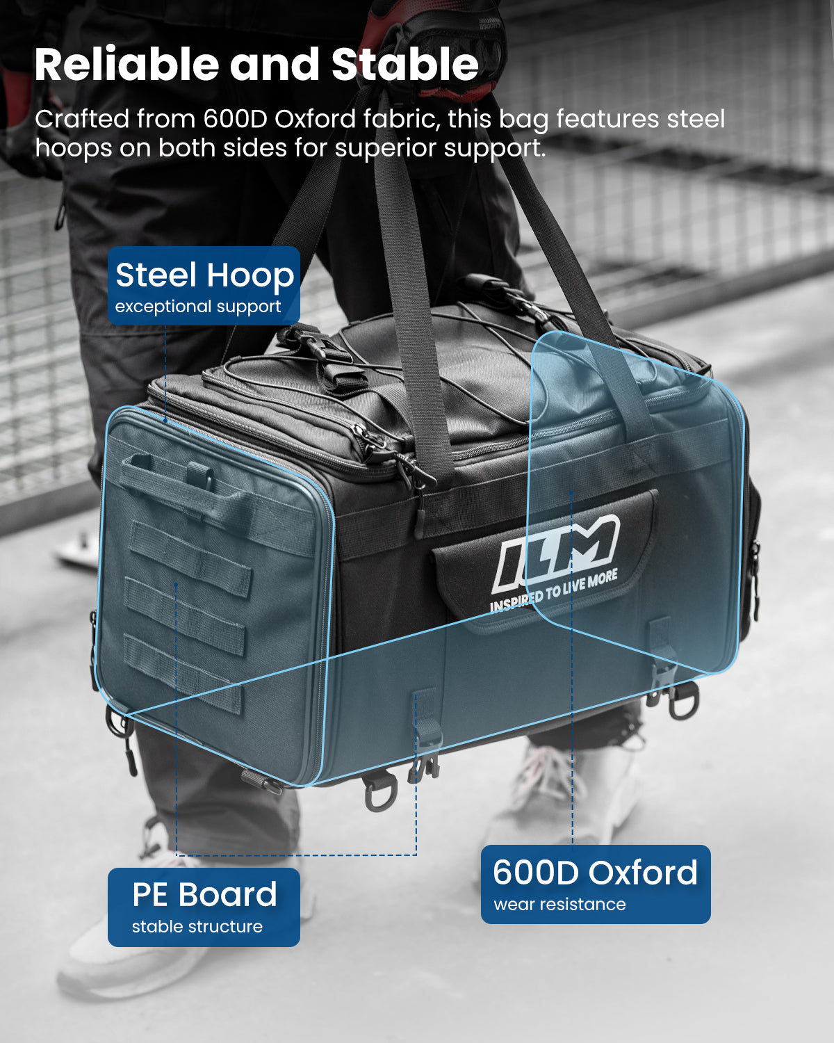ILM Motorcycle Tail Bag 50-70L Travel Luggage Motorbike Rear Rack Trunk Shoulder Backpack with Rain Cover Model BL02