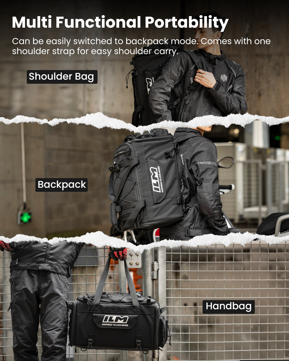ILM Motorcycle Tail Bag 50-70L Travel Luggage Motorbike Rear Rack Trunk Shoulder Backpack with Rain Cover Model BL02