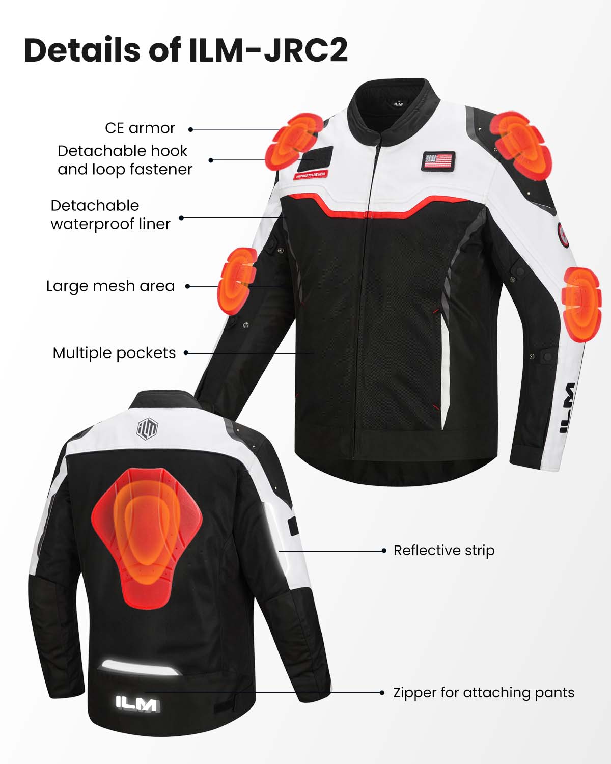 ILM Motorcycle Mesh Jacket with CE Armor and Detachable Waterproof Liner Model JRC2