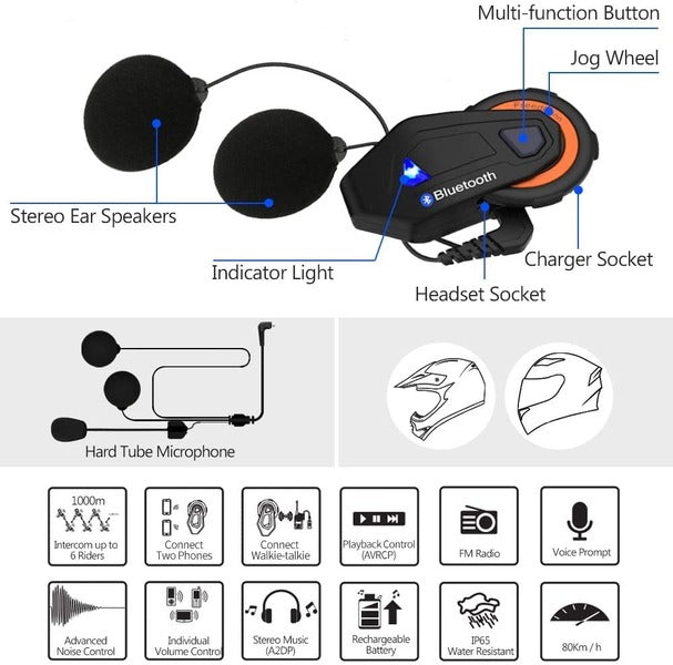 ILM Motorcycle 6 Rider Bluetooth Headset